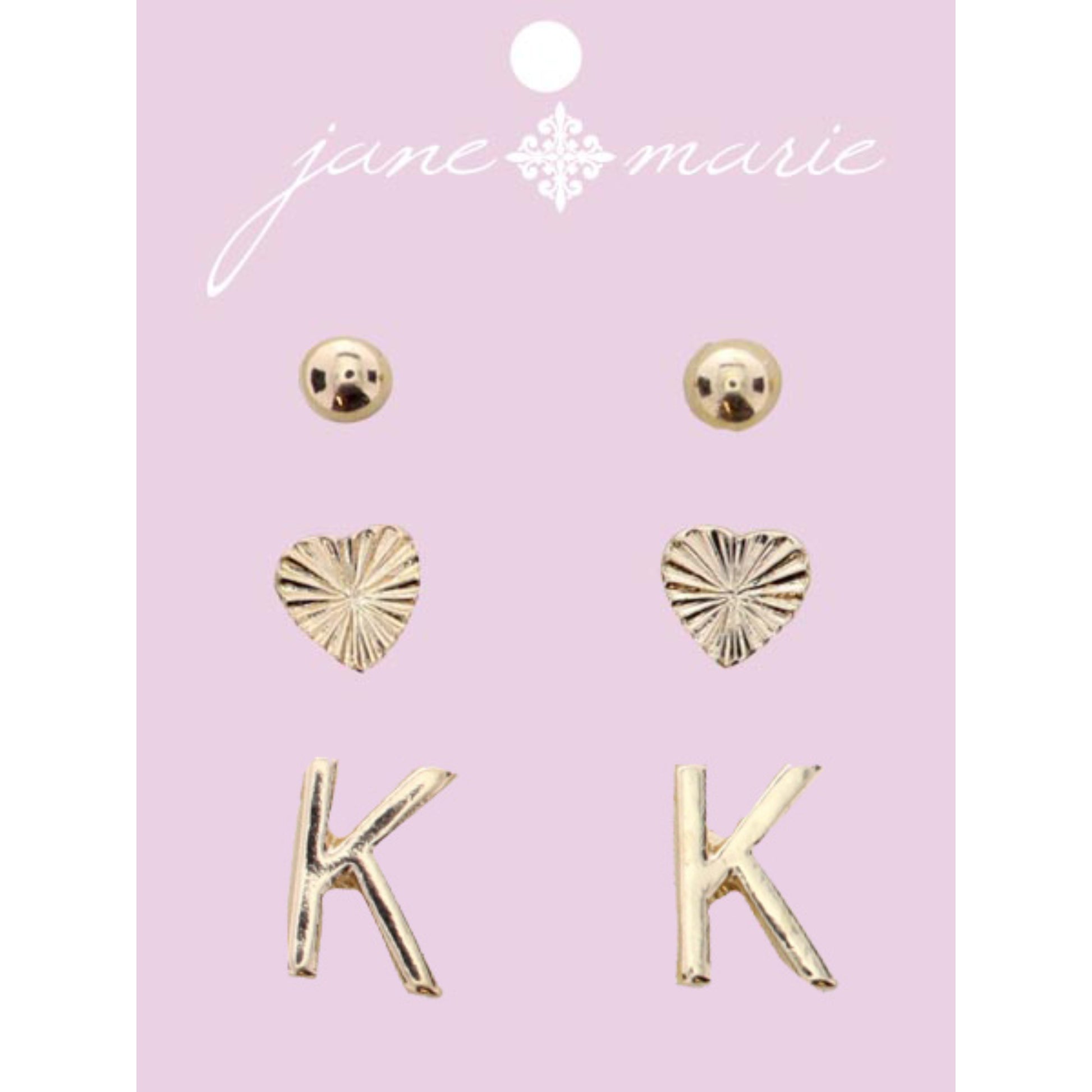 3 Stud, Gold "K" Initial, Gold Heart, and Gold Bead Earring