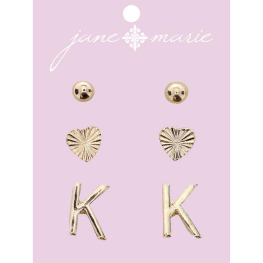 3 Stud, Gold "K" Initial, Gold Heart, and Gold Bead Earring