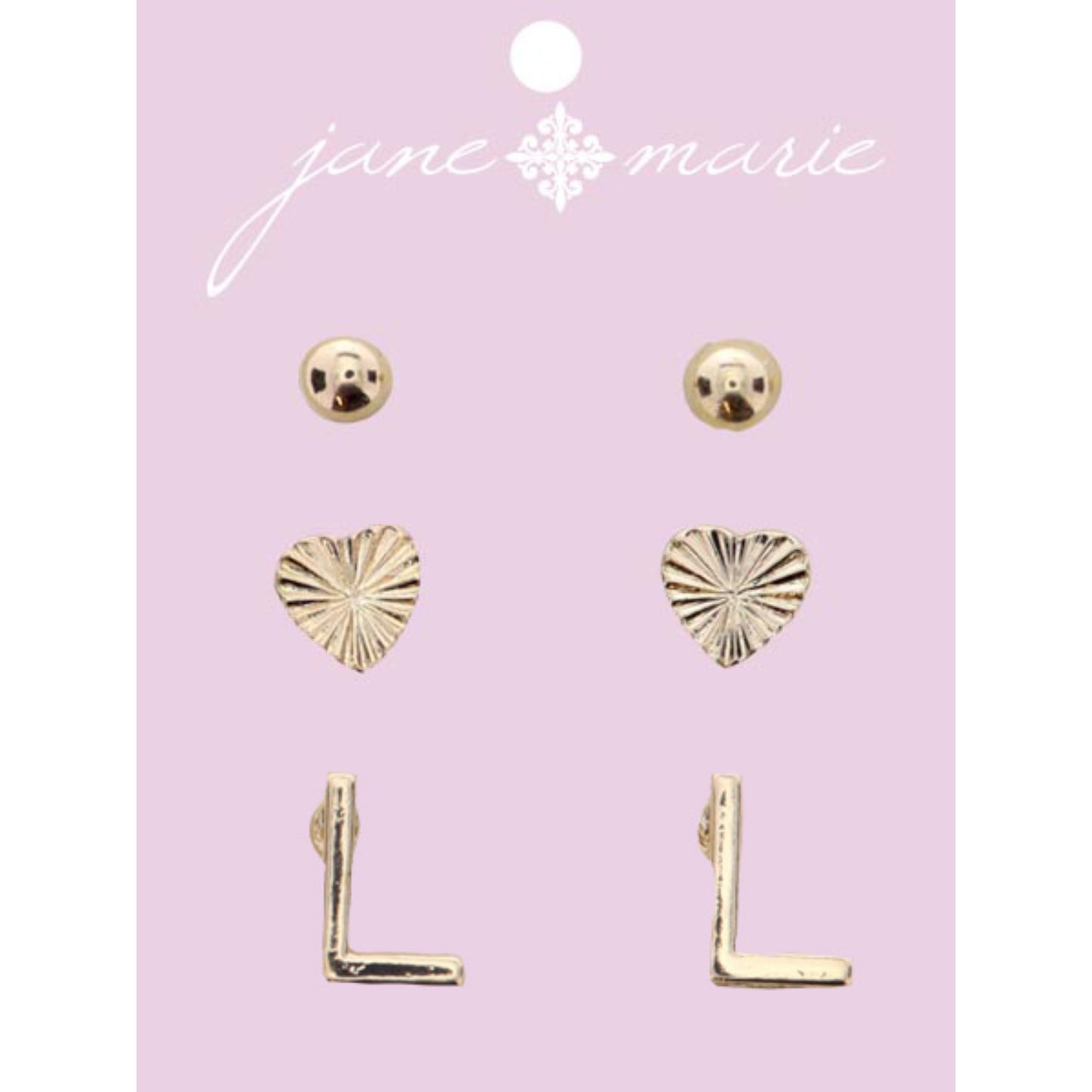 3 Stud, Gold "L" Initial, Gold Heart, and Gold Bead Earring