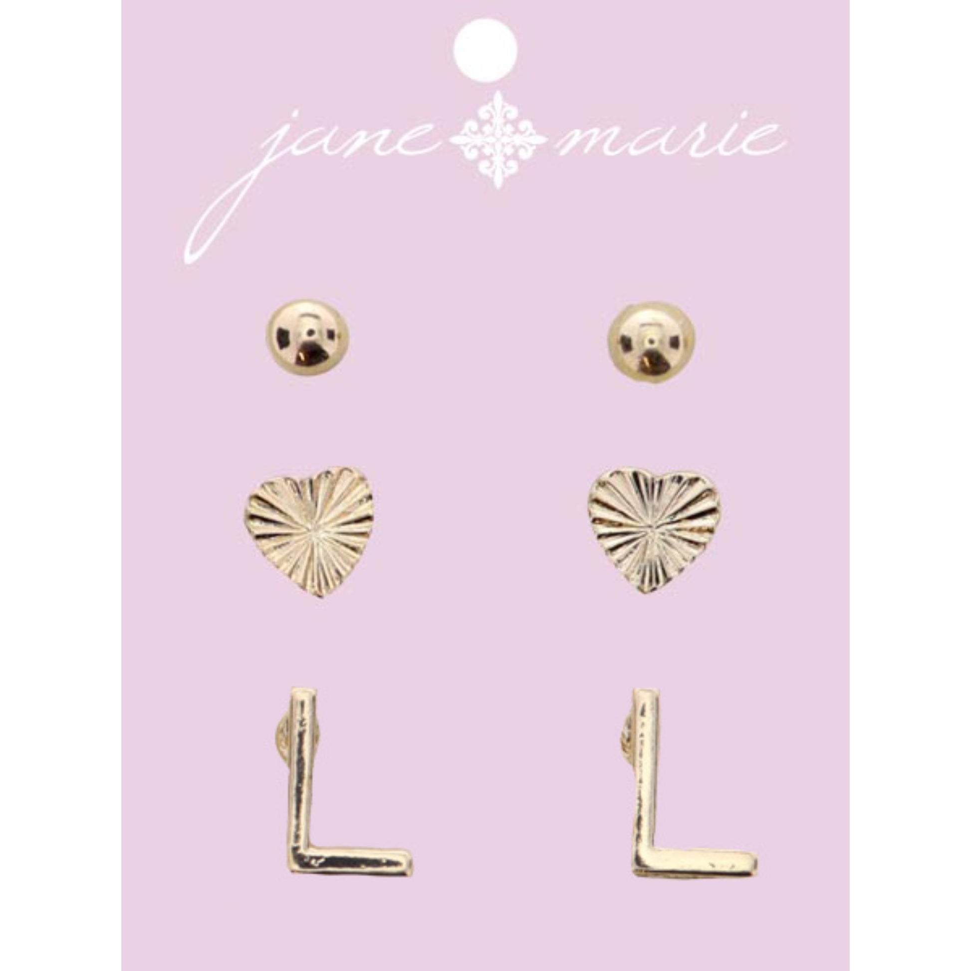 3 Stud, Gold "L" Initial, Gold Heart, and Gold Bead Earring