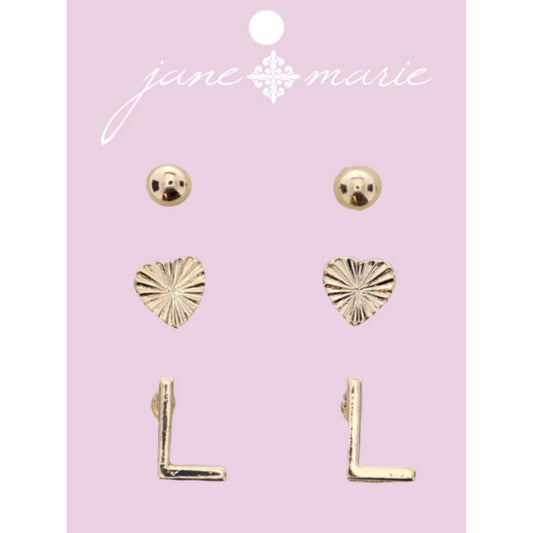 3 Stud, Gold "L" Initial, Gold Heart, and Gold Bead Earring