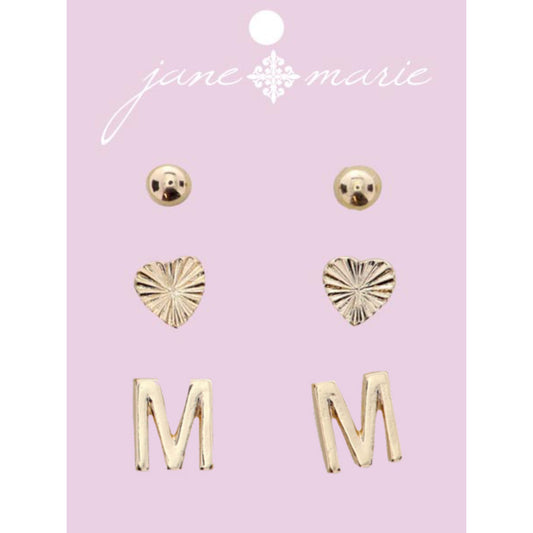 3 Stud, Gold "M" Initial, Gold Heart, and Gold Bead Earring