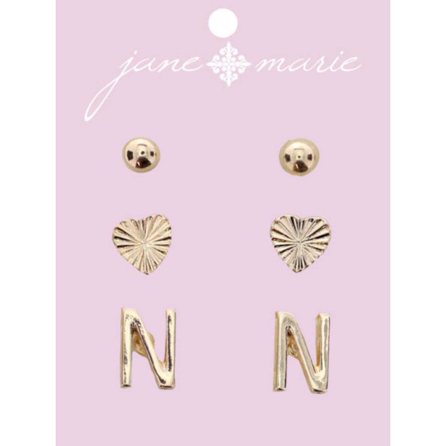3 Stud, Gold "N" Initial, Gold Heart, and Gold Bead Earring