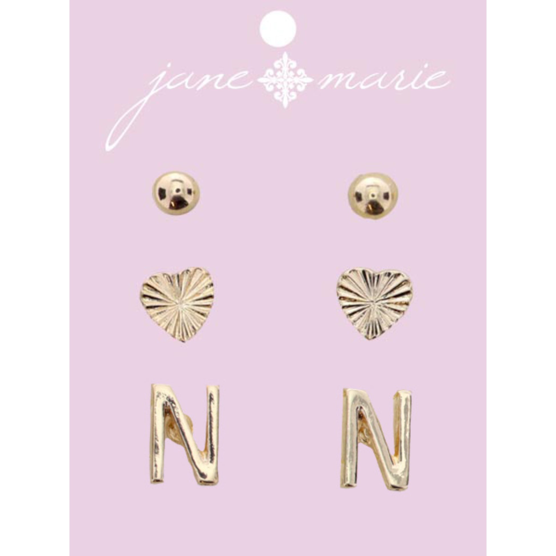 3 Stud, Gold "N" Initial, Gold Heart, and Gold Bead Earring