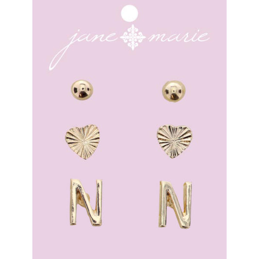 3 Stud, Gold "N" Initial, Gold Heart, and Gold Bead Earring