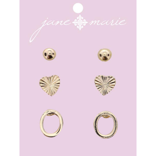 3 Stud, Gold "O" Initial, Gold Heart, and Gold Bead Earring