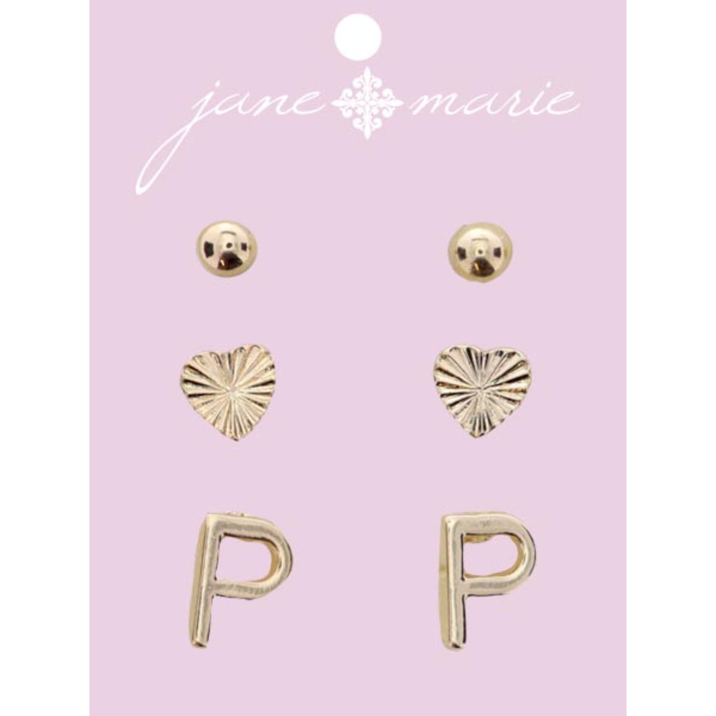 3 Stud, Gold "P" Initial, Gold Heart, and Gold Bead Earring