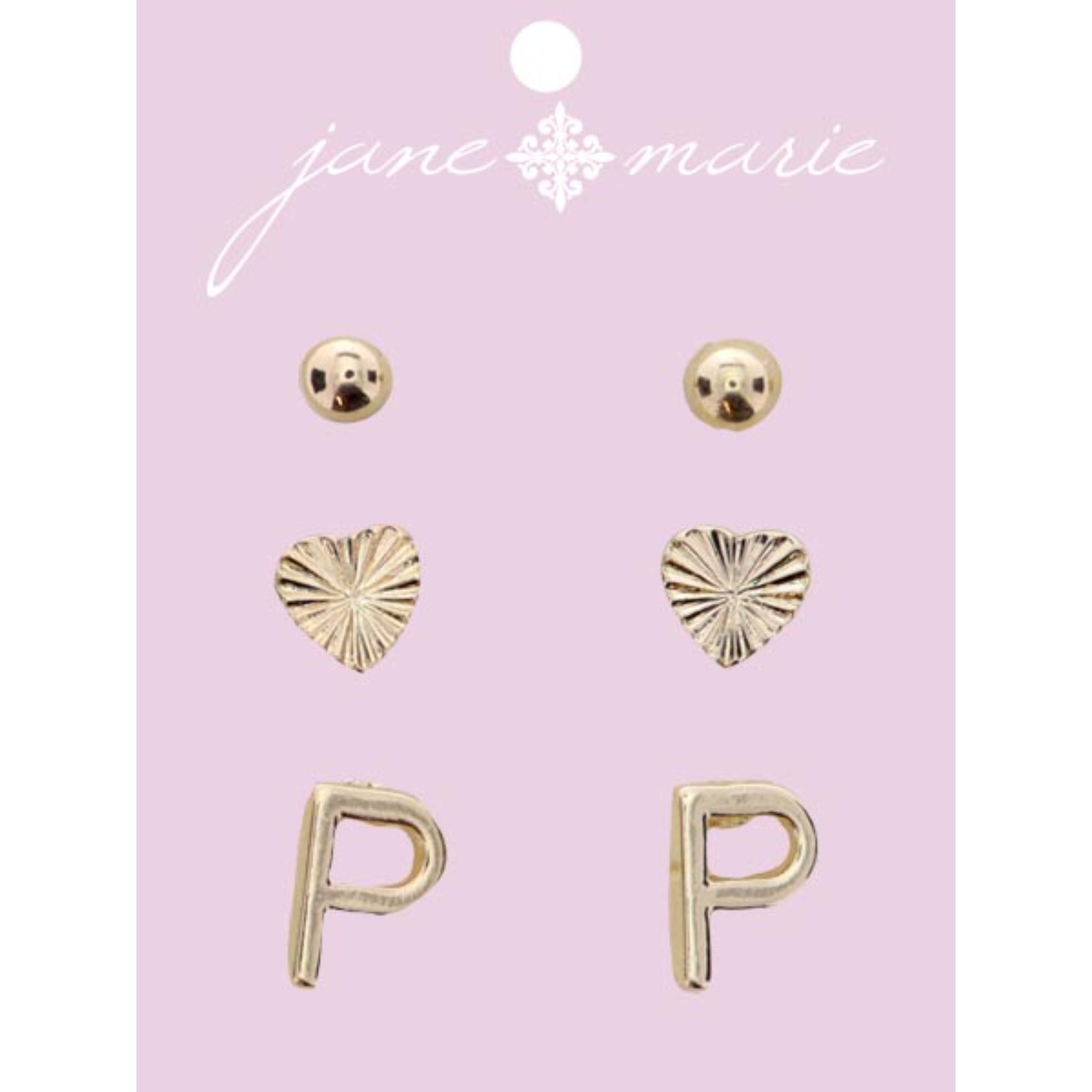 3 Stud, Gold "P" Initial, Gold Heart, and Gold Bead Earring