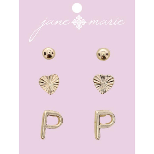 3 Stud, Gold "P" Initial, Gold Heart, and Gold Bead Earring