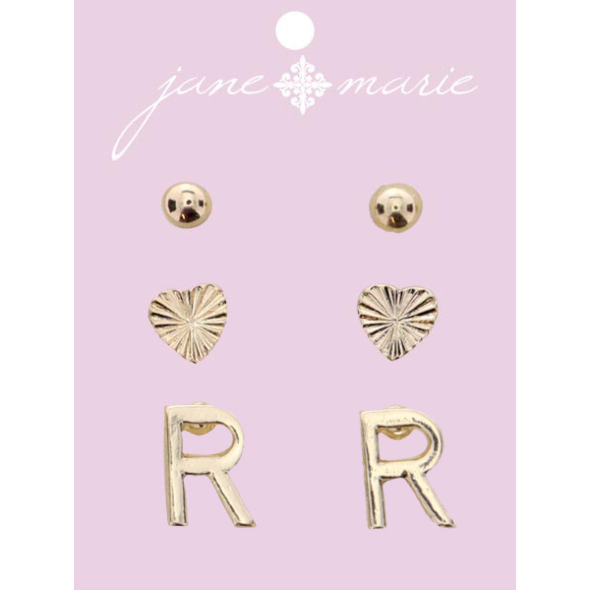 3 Stud, Gold "R" Initial, Gold Heart, and Gold Bead Earring