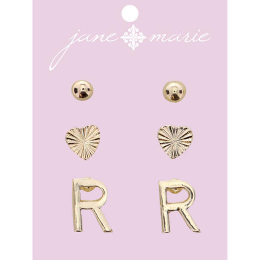 3 Stud, Gold "R" Initial, Gold Heart, and Gold Bead Earring