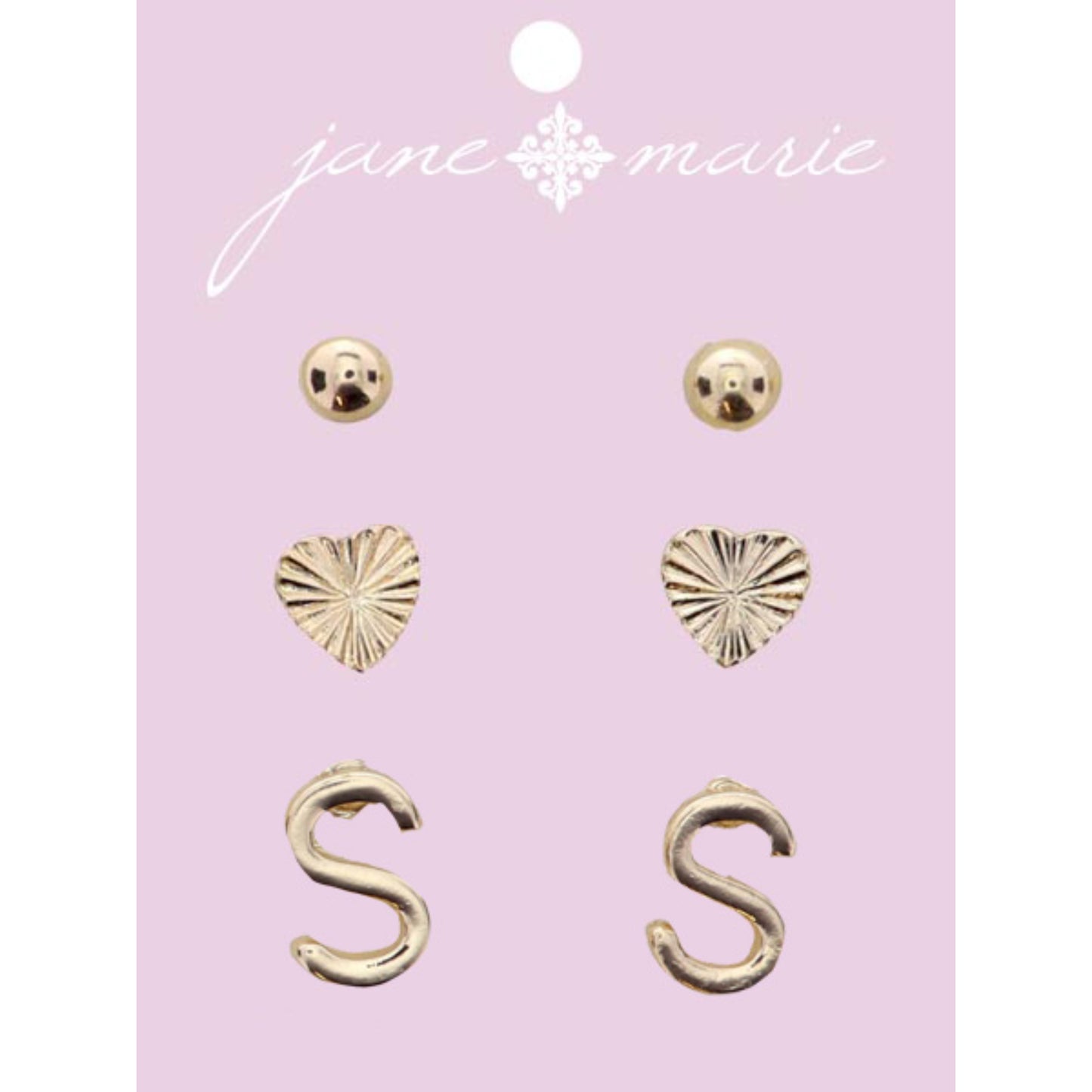 3 Stud, Gold "S" Initial, Gold Heart, and Gold Bead Earring