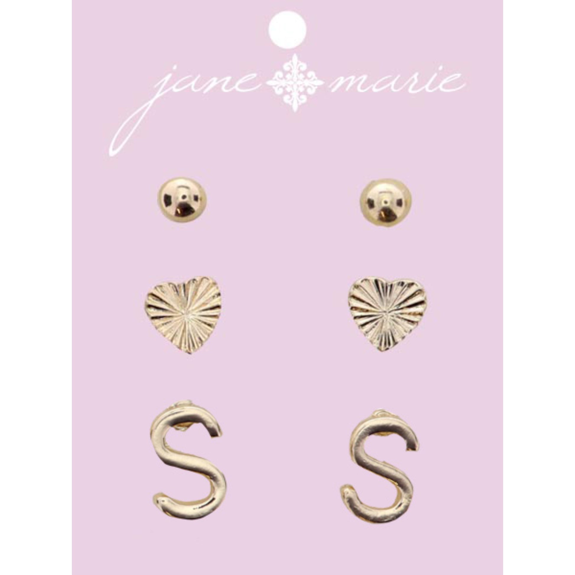 3 Stud, Gold "S" Initial, Gold Heart, and Gold Bead Earring