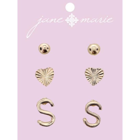 3 Stud, Gold "S" Initial, Gold Heart, and Gold Bead Earring