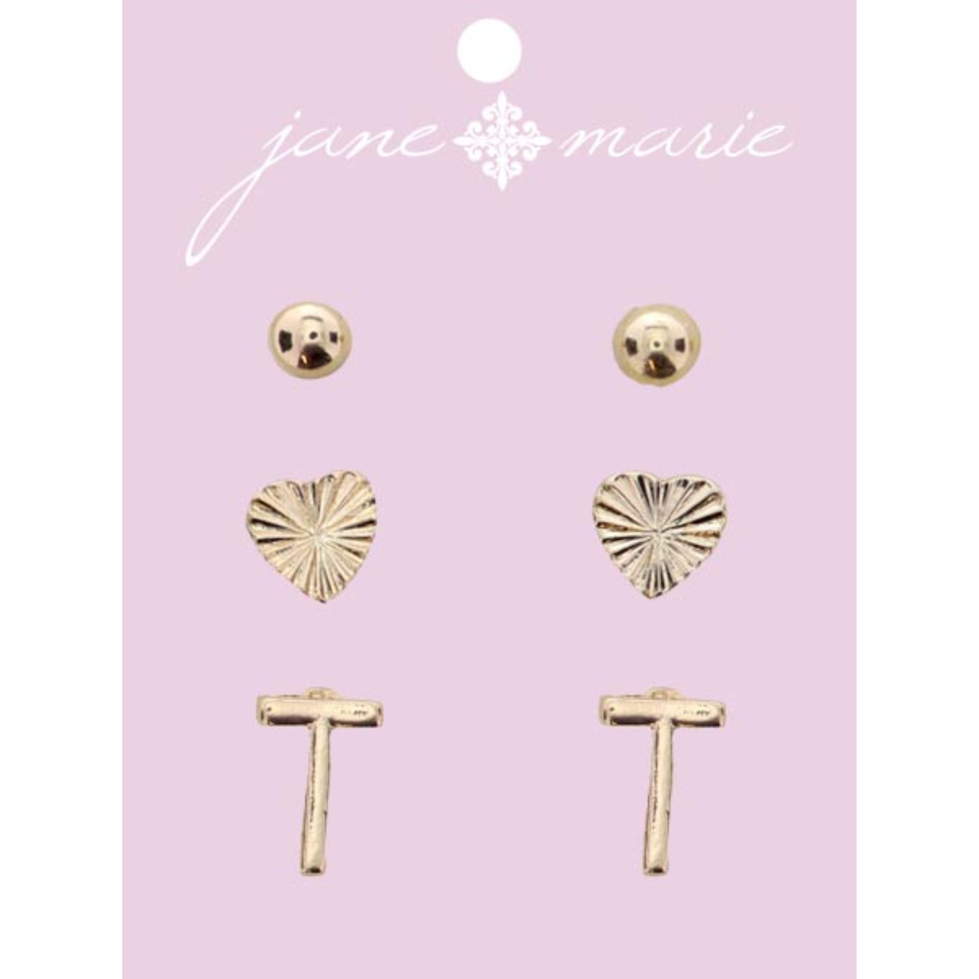 3 Stud, Gold "T" Initial, Gold Heart, and Gold Bead Earring