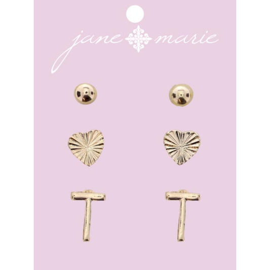 3 Stud, Gold "T" Initial, Gold Heart, and Gold Bead Earring