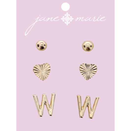 3 Stud, Gold "W" Initial, Gold Heart, and Gold Bead Earring