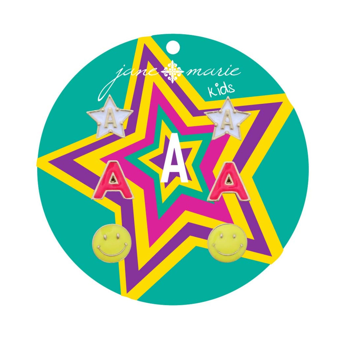 Kids Set of 3, White "A" Star, Hot Pink "A", Yellow Happy Face Earring