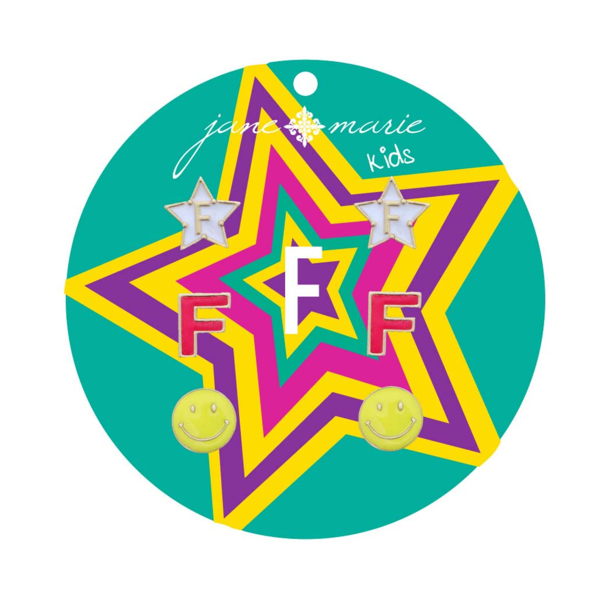 Kids Set of 3, White "F" Star, Hot Pink "F", Yellow Happy Face Earring