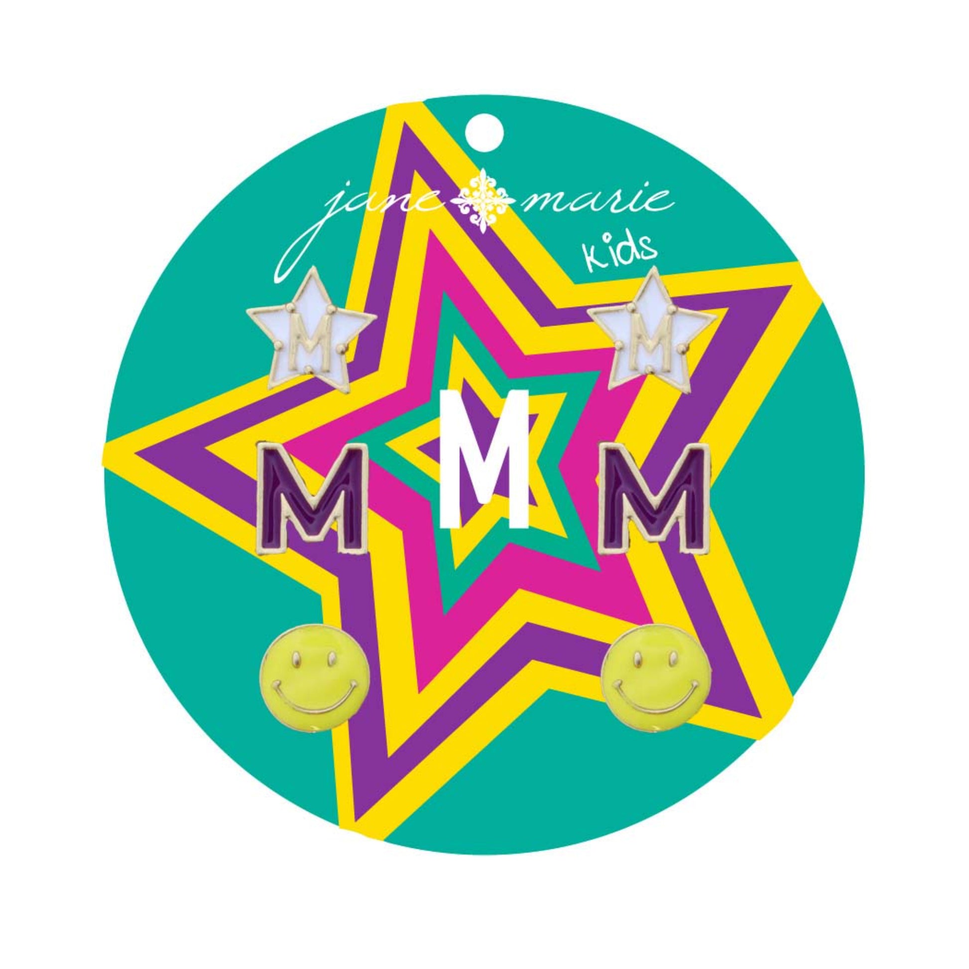 Kids Set of 3, White "M" Star, Purple "M", Yellow Happy Face Earring