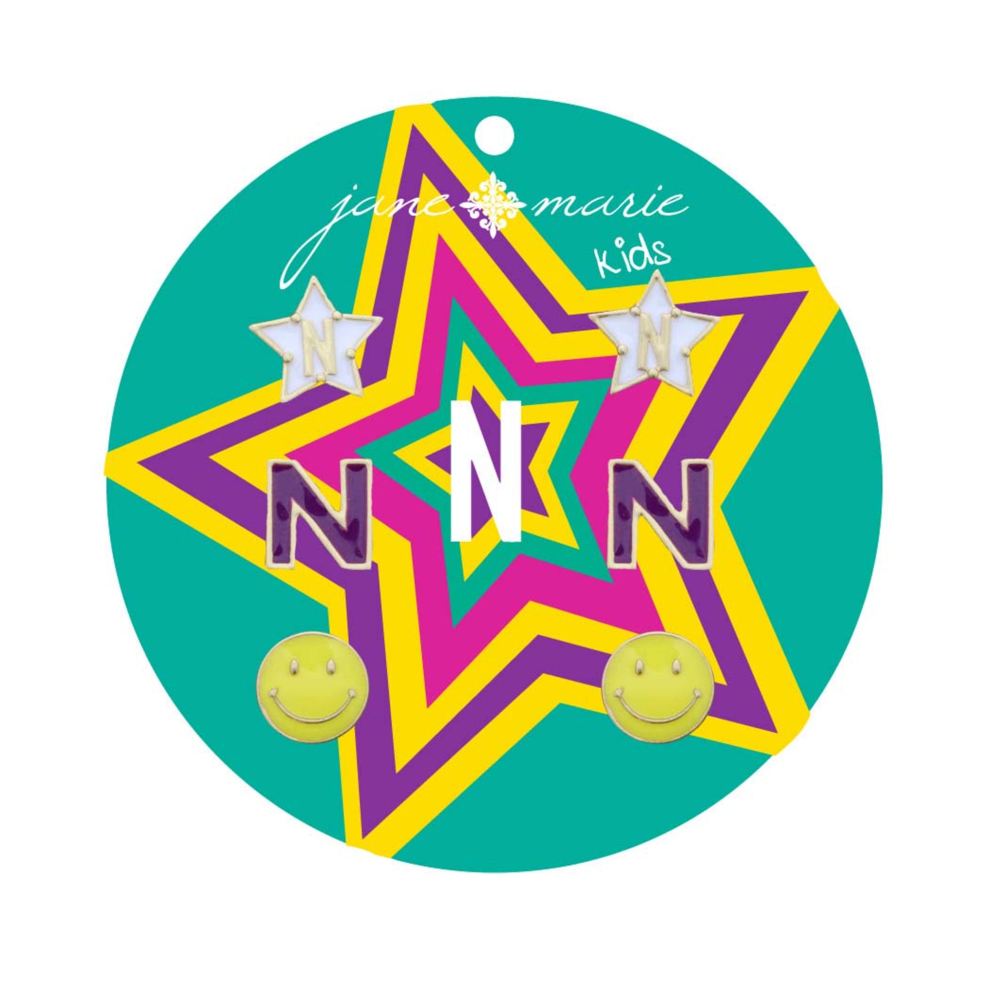 Kids Set of 3, White "N" Star, Purple "N", Yellow Happy Face Earring