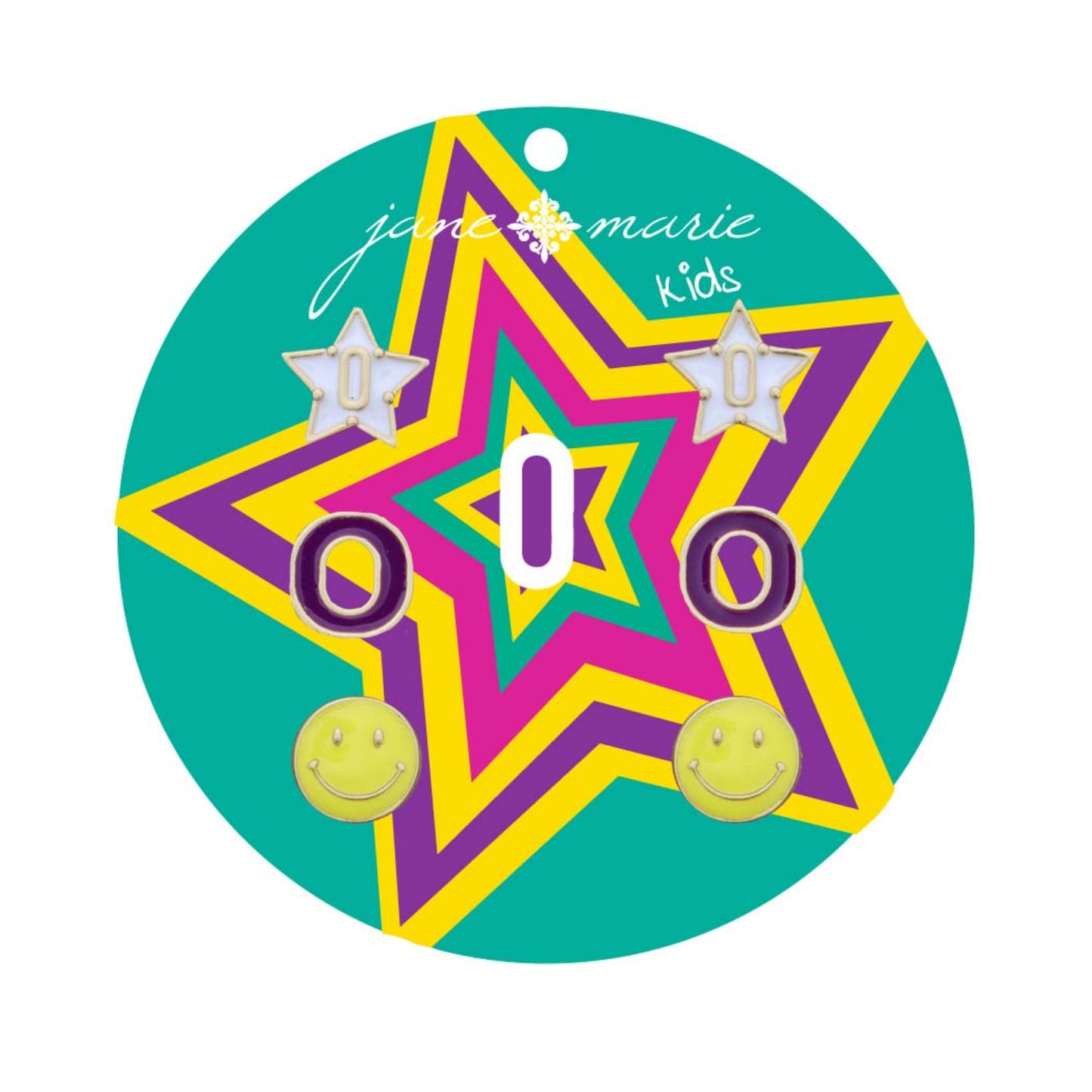 Kids Set of 3, White "O" Star, Purple "O", Yellow Happy Face Earring