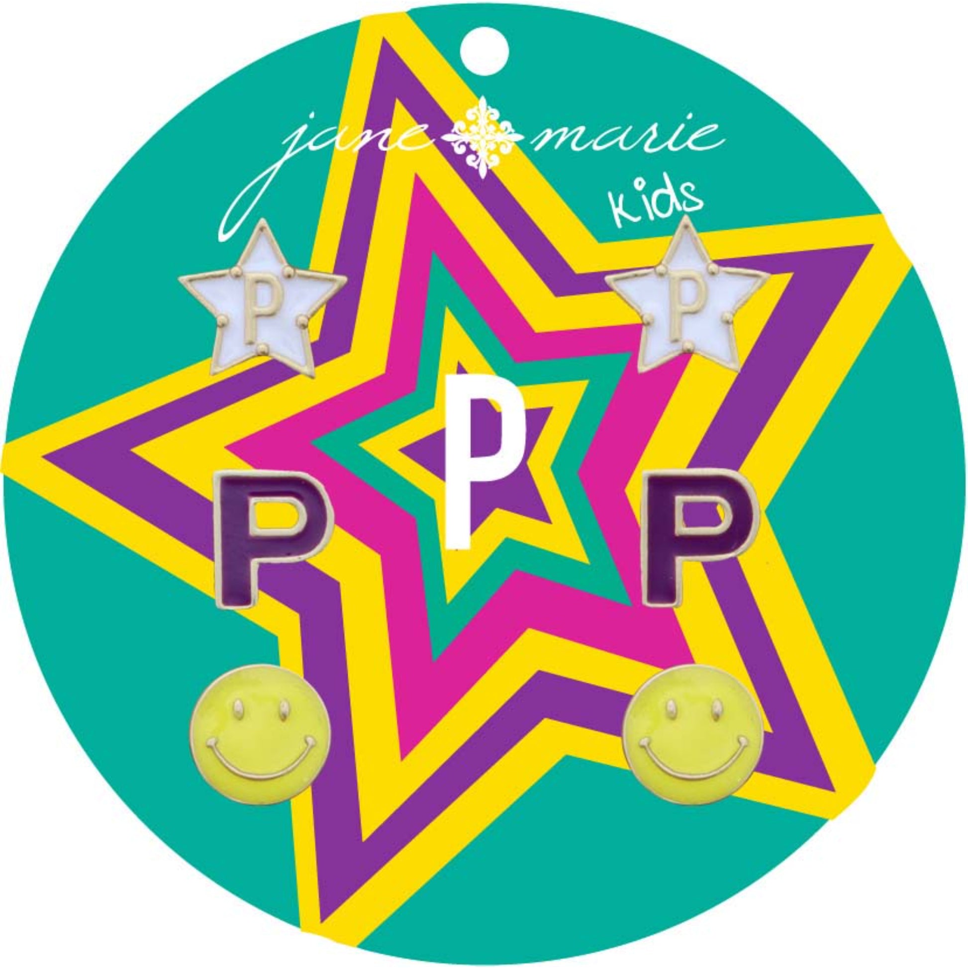 Kids Set of 3, White "P" Star, Purple "P", Yellow Happy Face Earring
