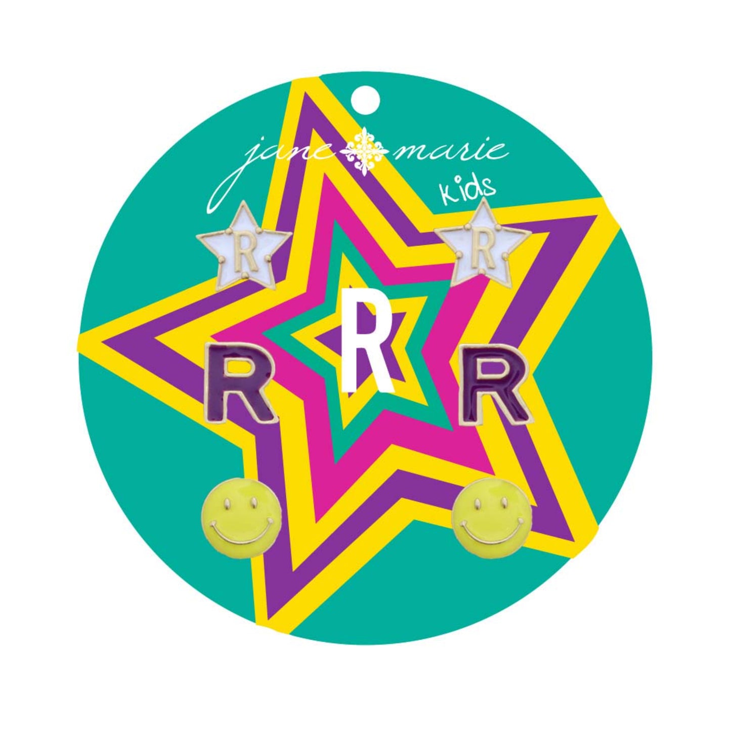 Kids Set of 3, White "R" Star, Purple "R", Yellow Happy Face Earring