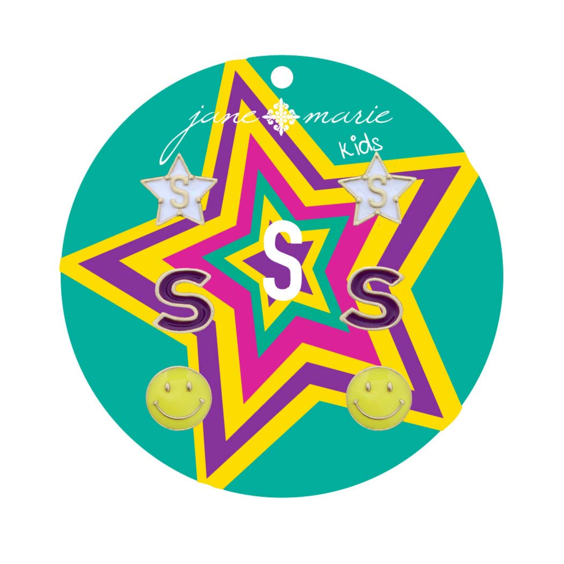 Kids Set of 3, White "S" Star, Purple "S", Yellow Happy Face Earring