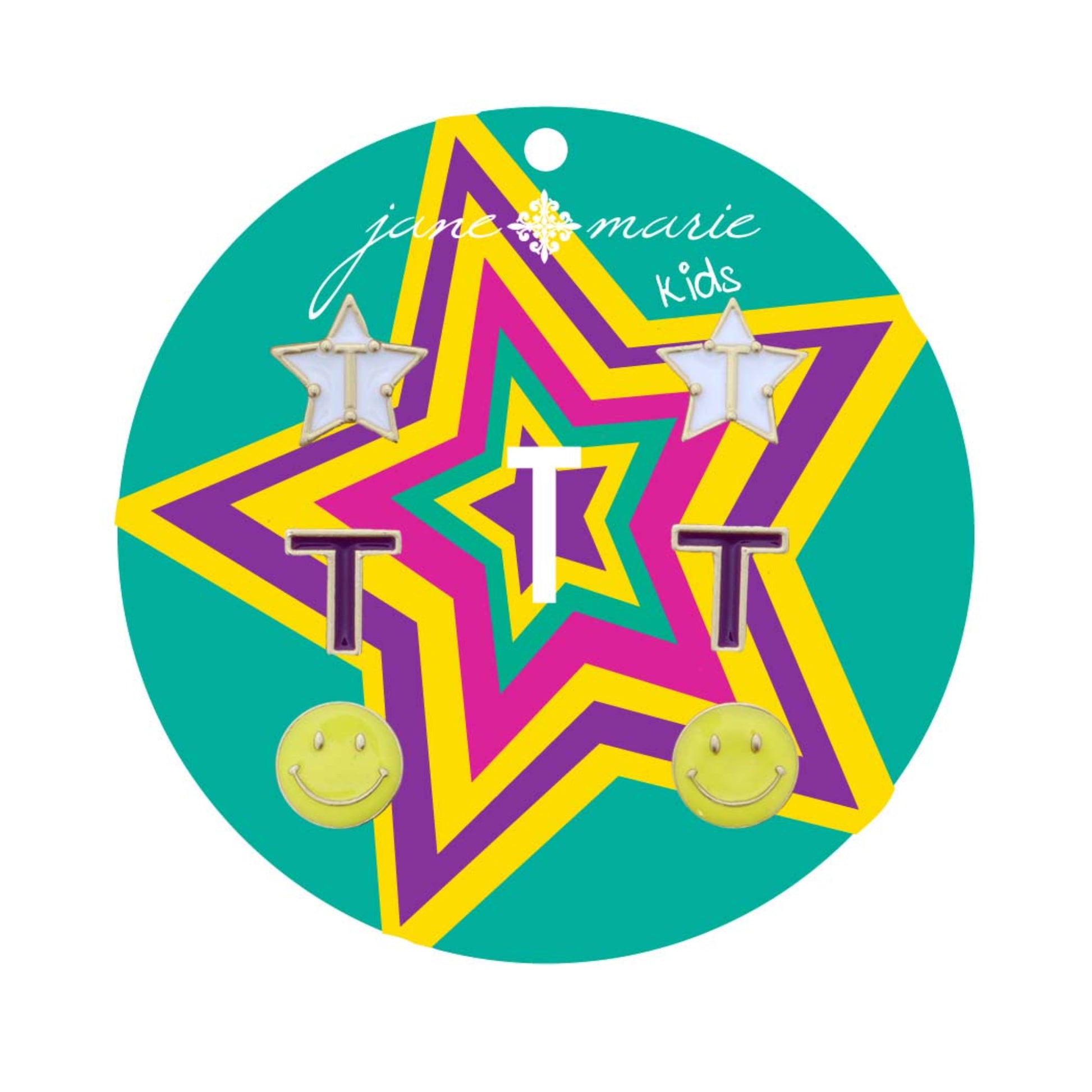 Kids Set of 3, White "T" Star, Purple "T", Yellow Happy Face Earring