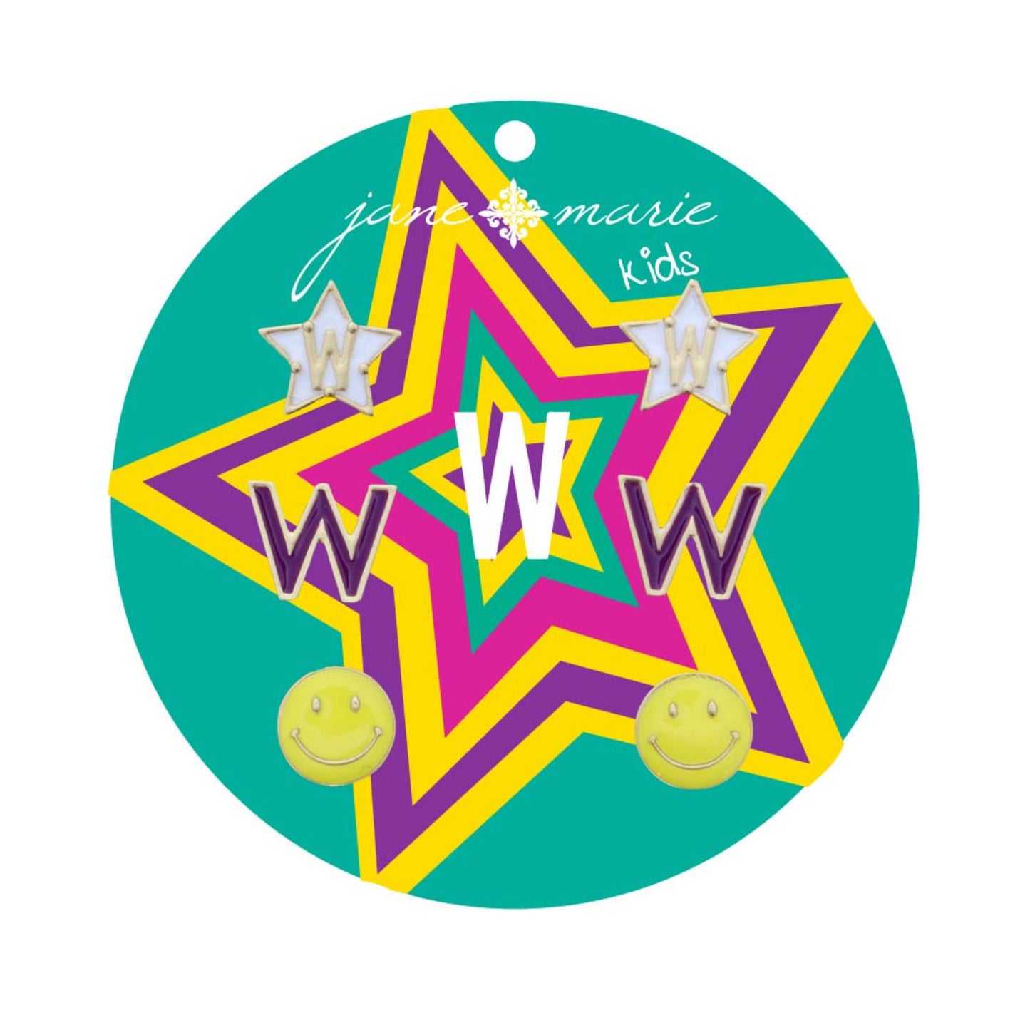 Kids Set of 3, White "W" Star, Purple "W", Yellow Happy Face Earring