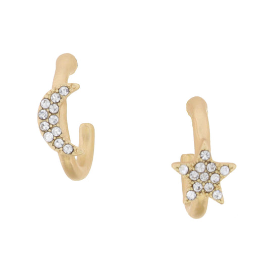 Gold Huggie with Crystal Star & Moon Earring