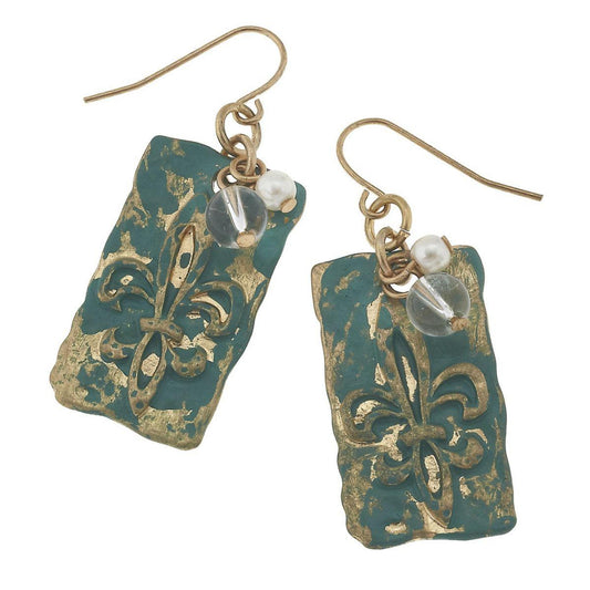 Fleur De Lis Patina with Crystal Earring