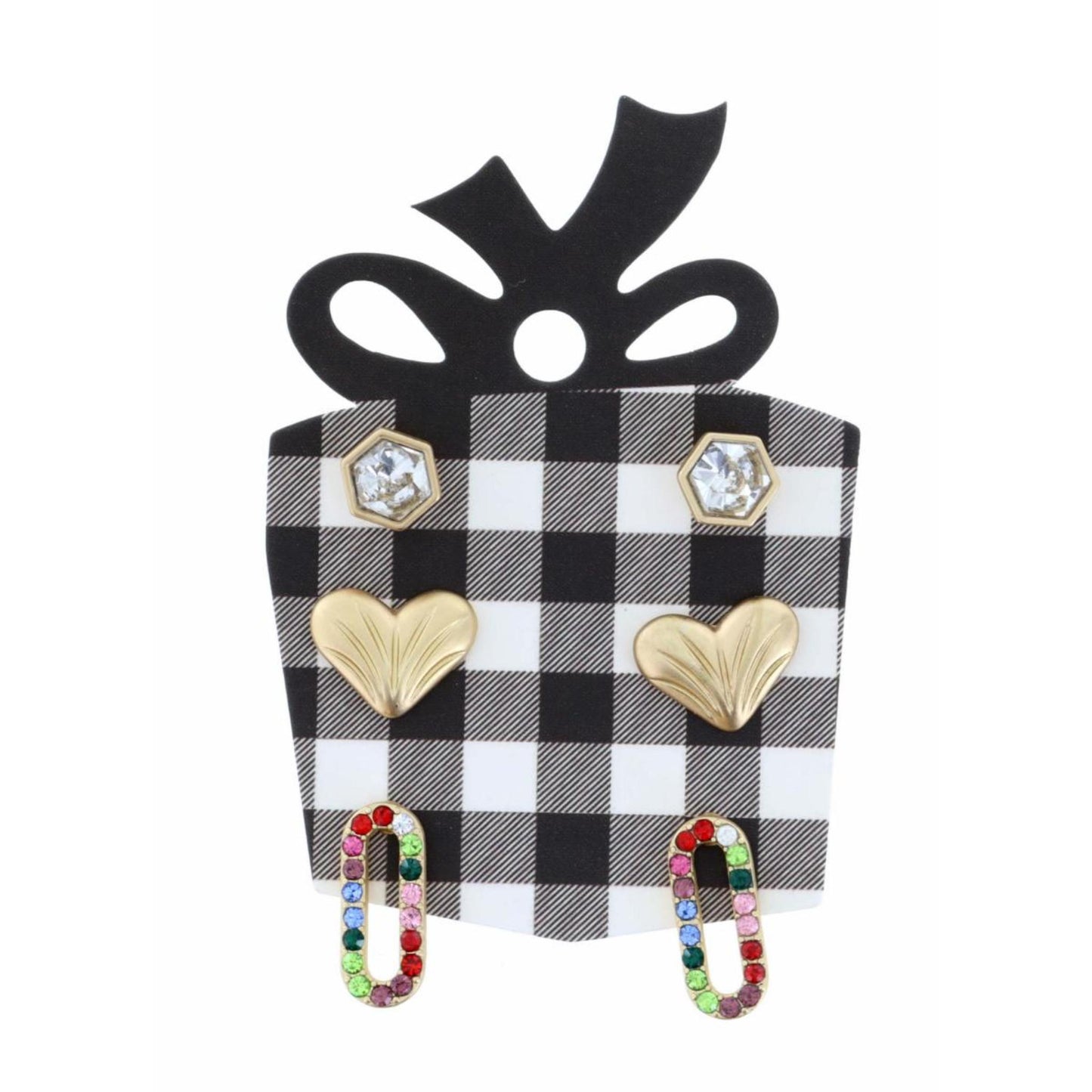 Crystal Hexagon, Gold Heart, Multi Crystal Open Oval Earring