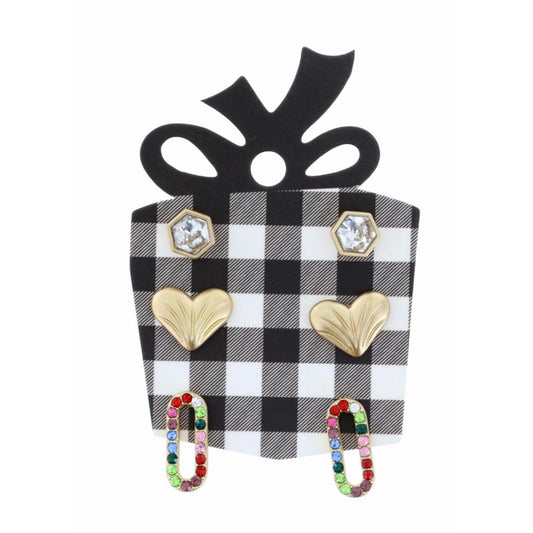 Crystal Hexagon, Gold Heart, Multi Crystal Open Oval Earring