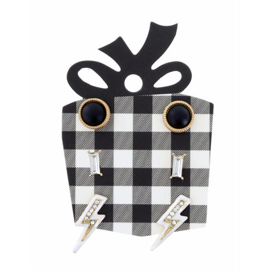 Jet Circle, Crystal Rectangle White Lightning Bolt with Crystals Earring
