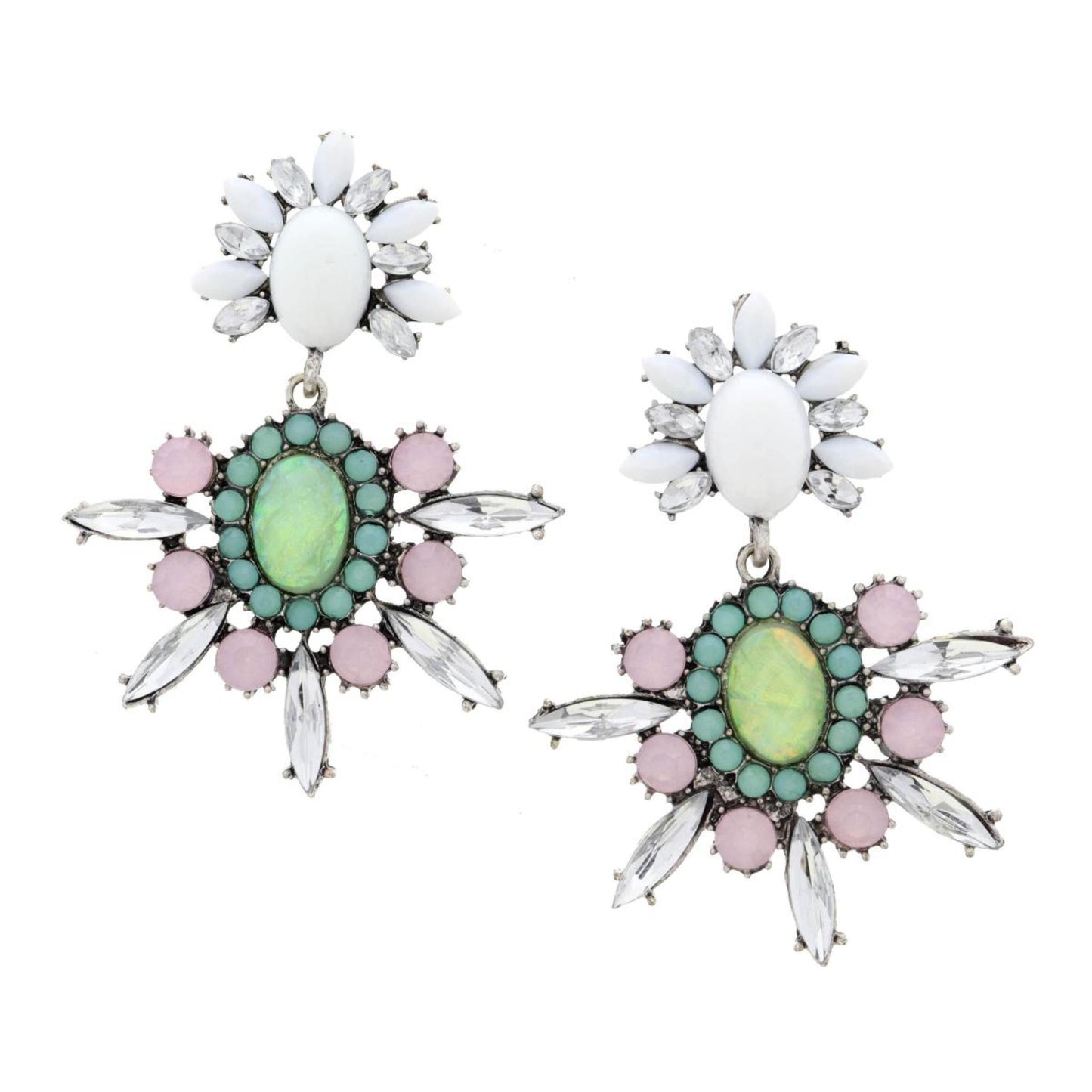 White Oval Post with Crystals & Mint, Pink, Clear Crystal Pendant Earring