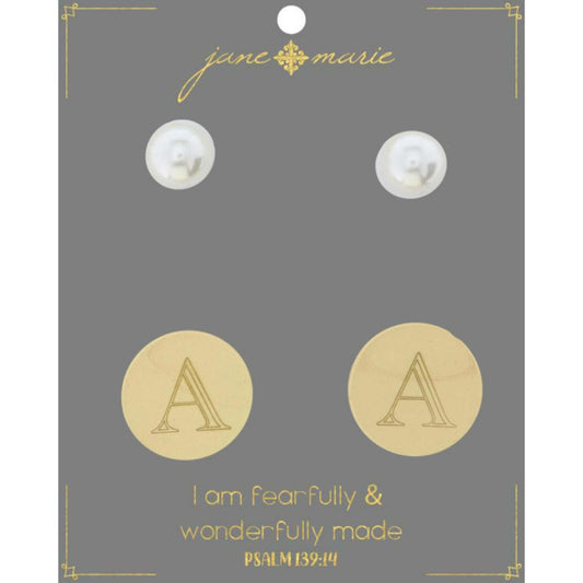 Set of 2, Pearl with Engraved "A" on Gold Disk Stud Earring