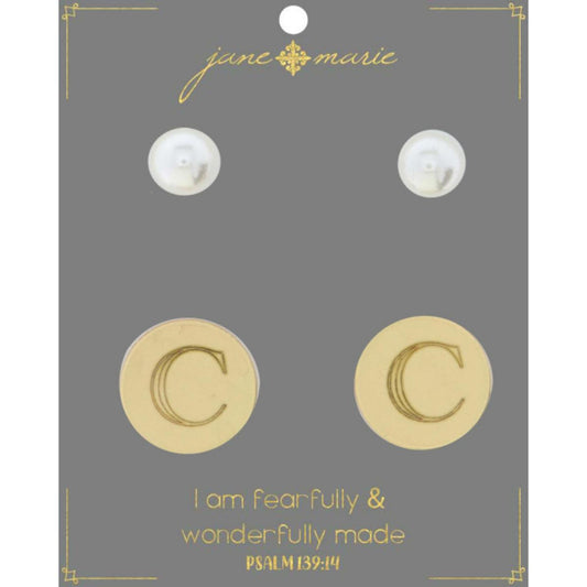 Set of 2, Pearl with Engraved "C" on Gold Disk Stud Earring