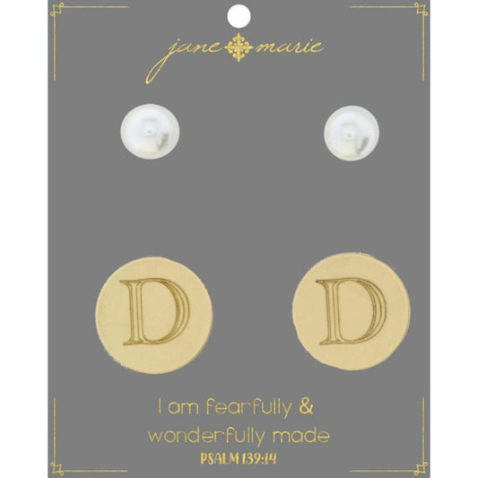 Set of 2, Pearl with Engraved "D" on Gold Disk Stud Earring