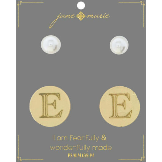 Set of 2, Pearl with Engraved "E" on Gold Disk Stud Earring