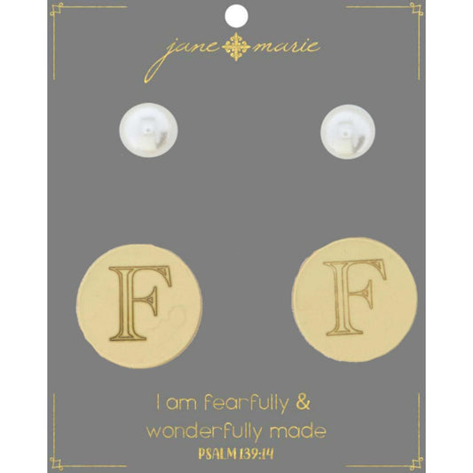 Set of 2, Pearl with Engraved "F" on Gold Disk Stud Earring