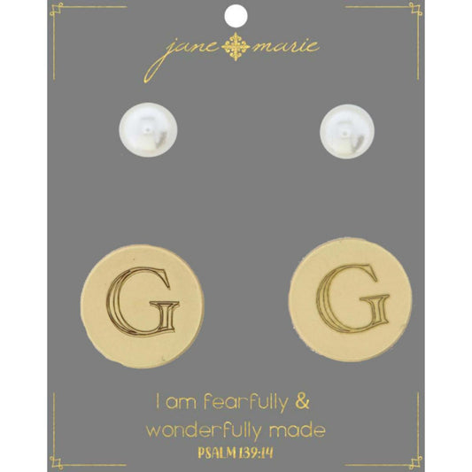 Set of 2, Pearl with Engraved "G" on Gold Disk Stud Earring