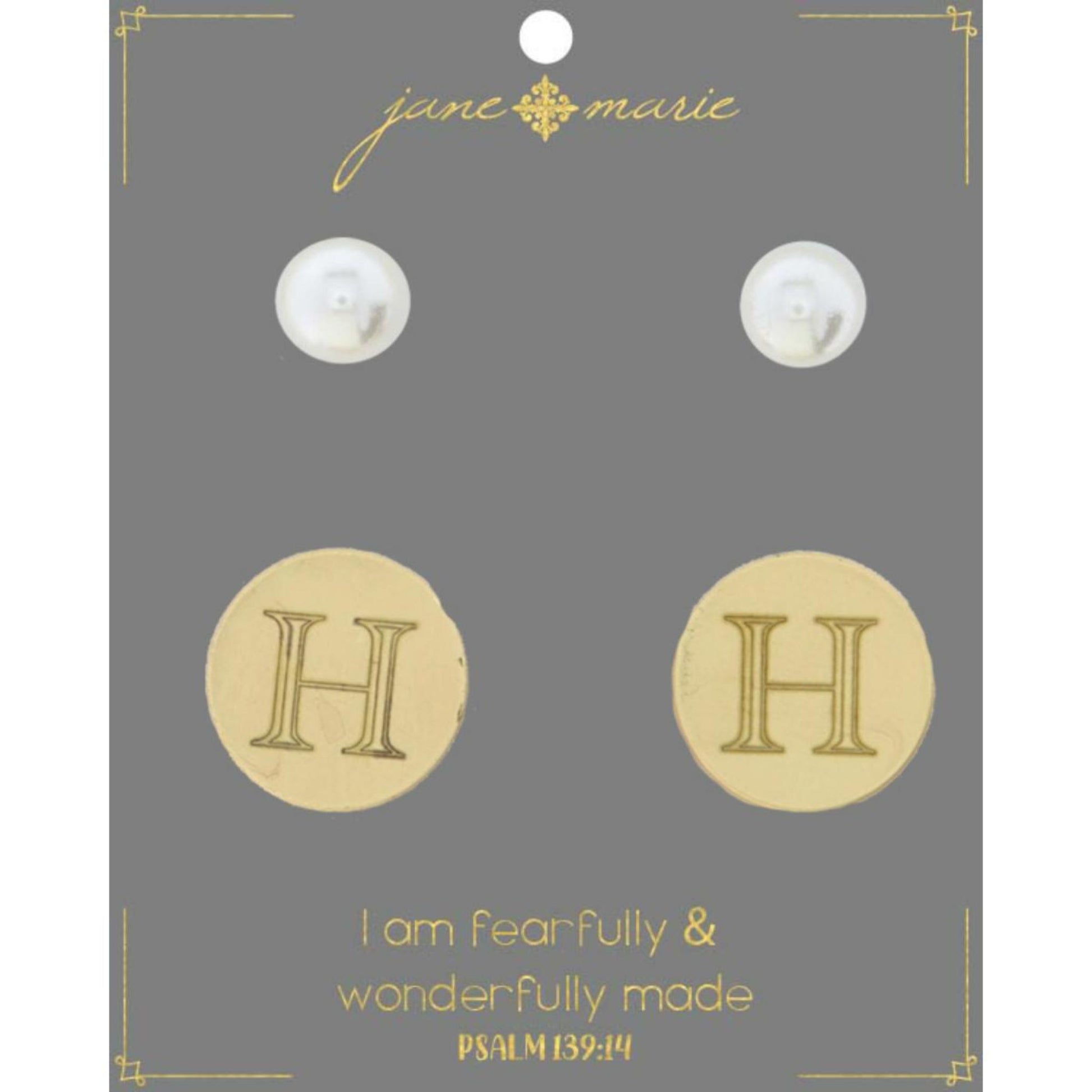Set of 2, Pearl with Engraved "H" on Gold Disk Stud Earring