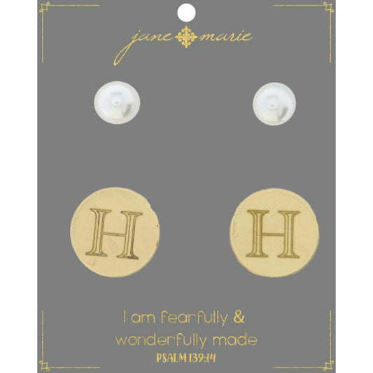 Set of 2, Pearl with Engraved "H" on Gold Disk Stud Earring