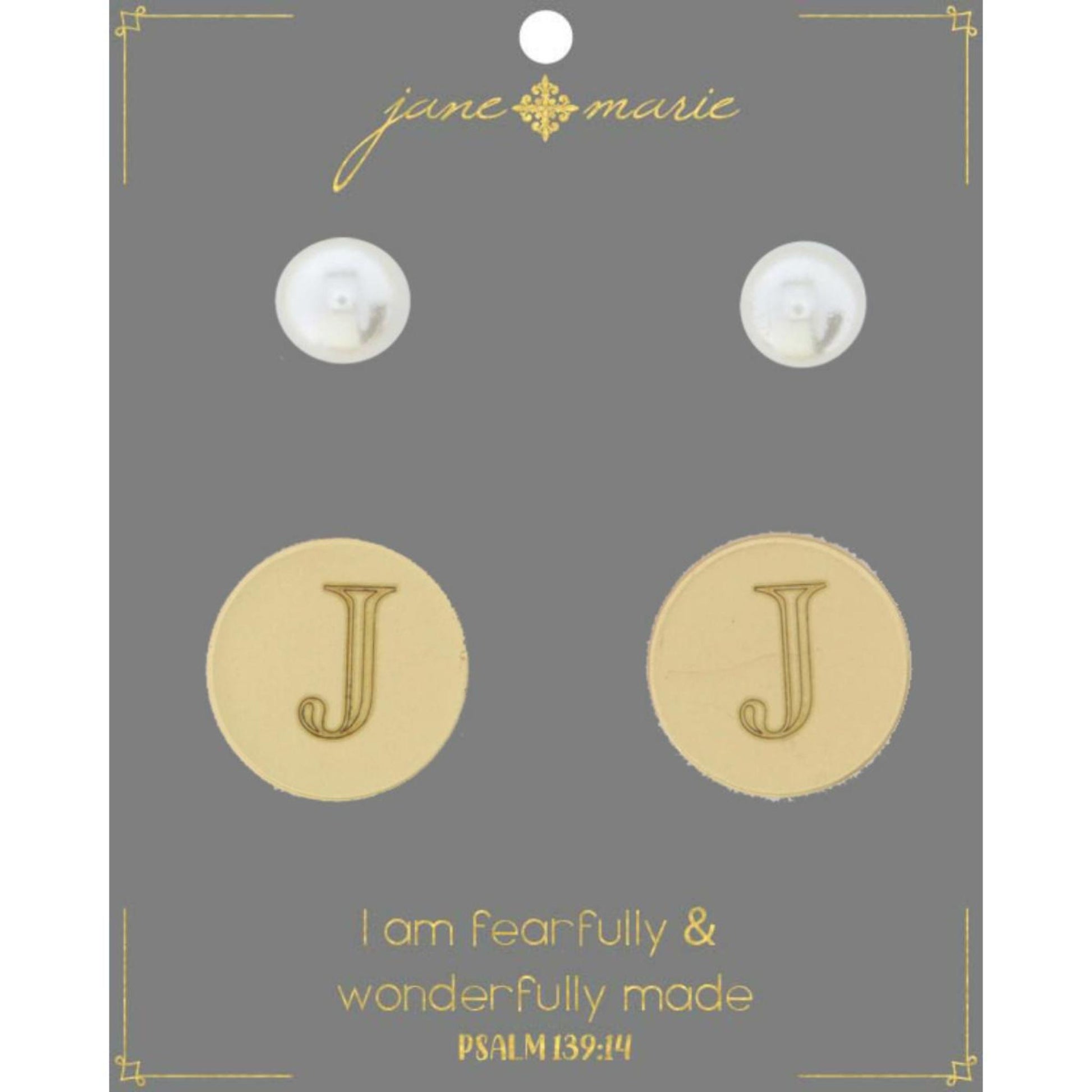 Set of 2, Pearl with Engraved "J" on Gold Disk Stud Earring