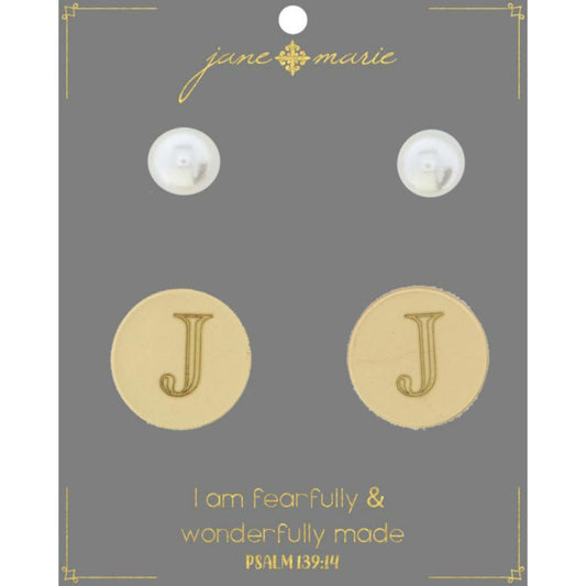 Set of 2, Pearl with Engraved "J" on Gold Disk Stud Earring