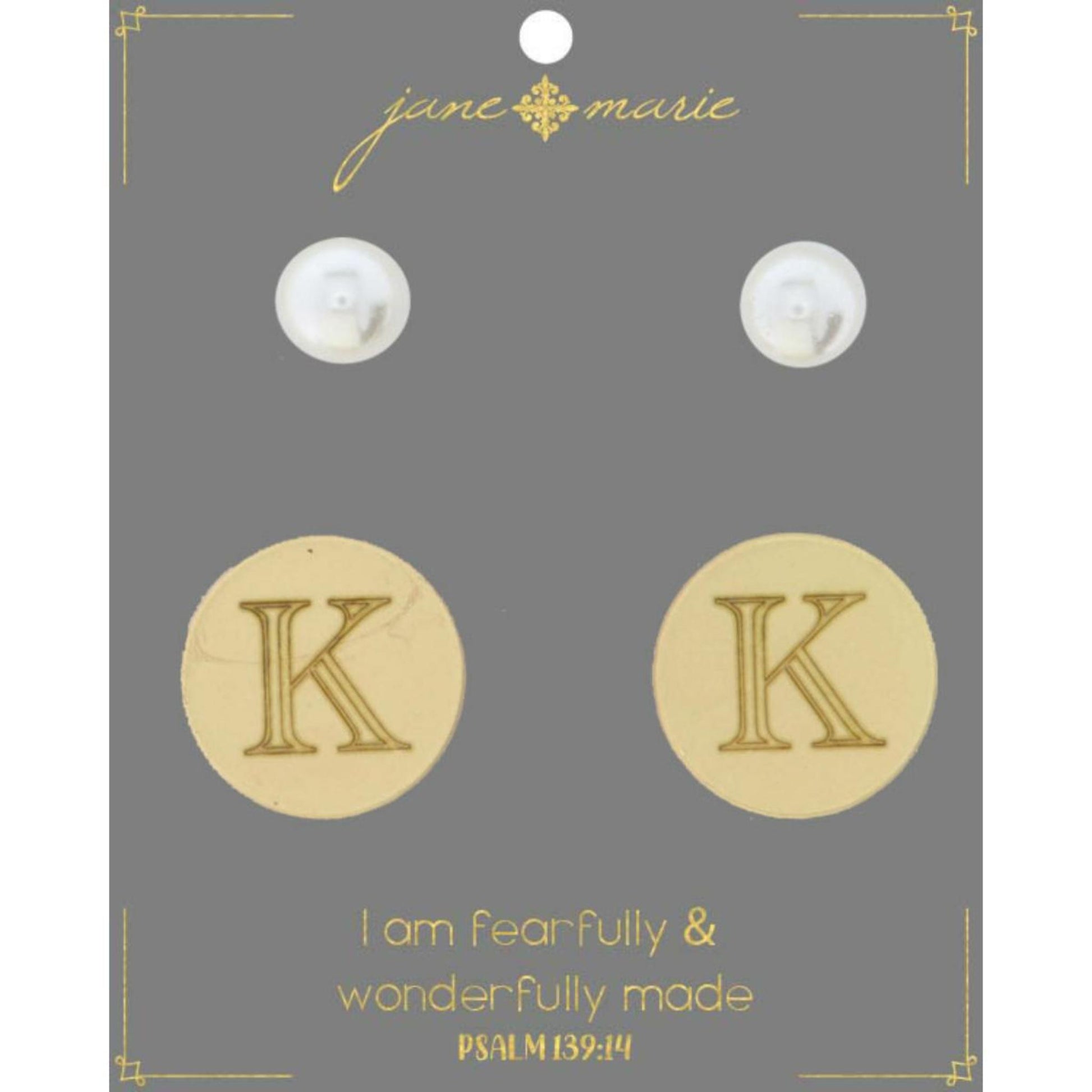 Set of 2, Pearl with Engraved "K" on Gold Disk Stud Earring