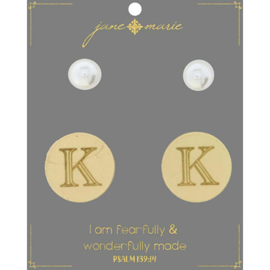 Set of 2, Pearl with Engraved "K" on Gold Disk Stud Earring