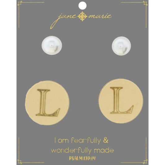Set of 2, Pearl with Engraved "L" on Gold Disk Stud Earring